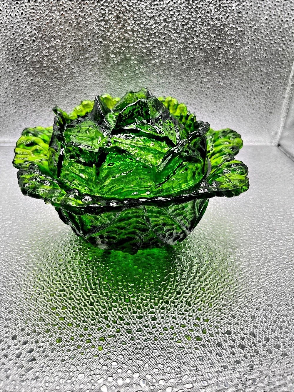 Vintage Portieux France Green Uranium Glass Covered Cabbage Butter Dish